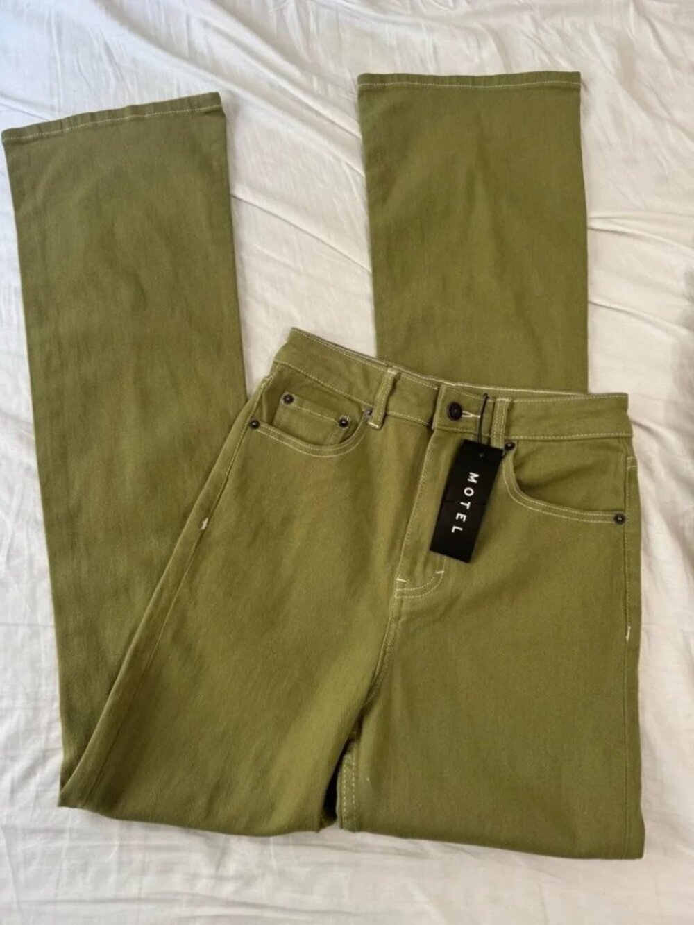 Motel Rocks Olive Green High Rise Flare Jeans XS 33 NWT Stretch Denim